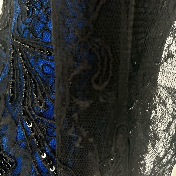 Sue Wong 3/4 SLEEVE V-NECK BEADED ROYAL BLUE & BLACK LACE COCKTAIL DRESS SIZE 4 - Picture 13 of 15